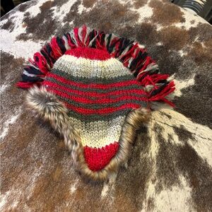 GAP Kids Red and Gray Kids Knit Hat with Faux Fur Trim fleece inside